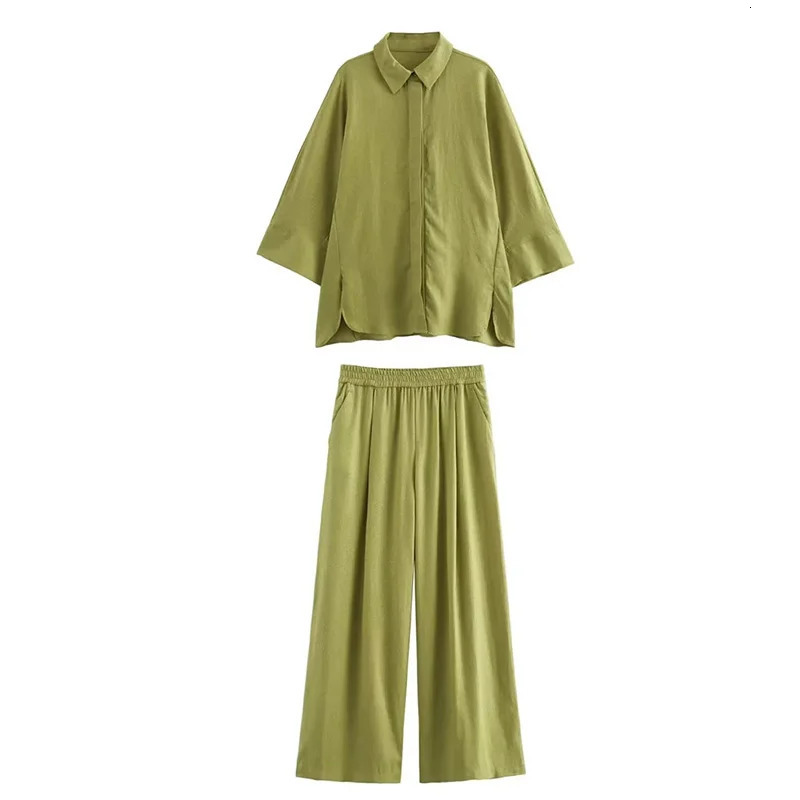 MUJER Women Pants Sets Oversize Casual Shirt Fashion Linen Set Woman Two Pieces Wide Leg Baggy Suit Summer Outfit 260306