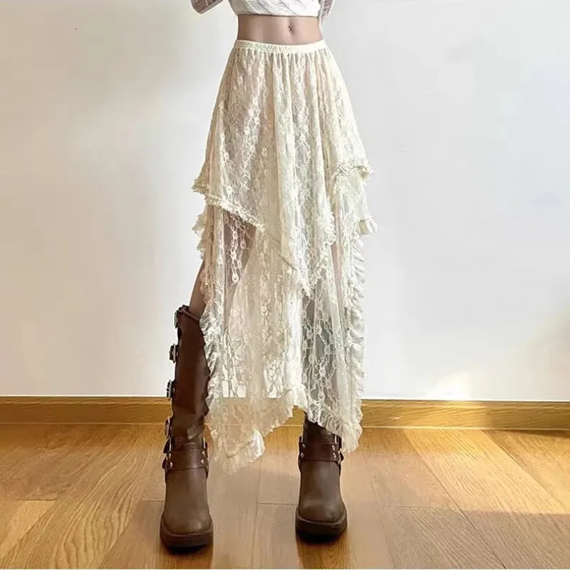 Lace Asymmetrical Skirt Women Vintage Y2K Boho Aesthetic Fashion High Waist Mid Skirts Summer Ladies Holiday Outfits 260228