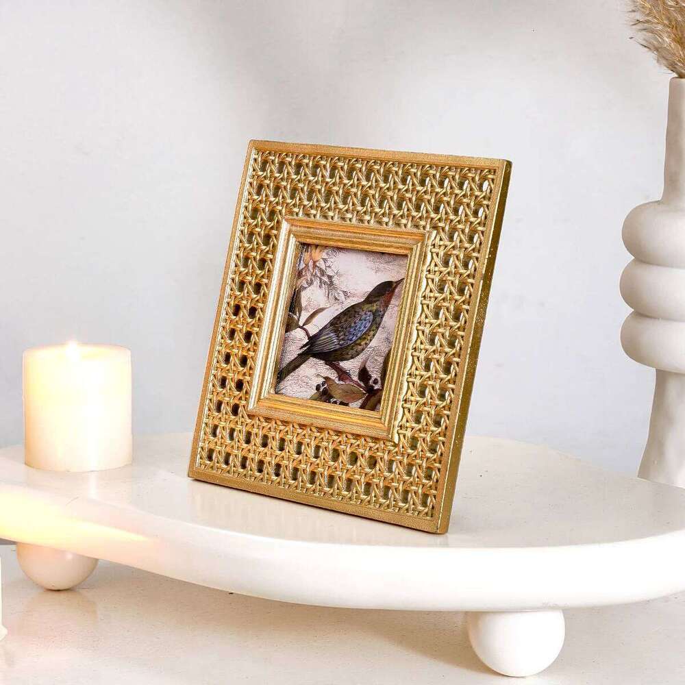 1PC, square decorative photo with a golden classic rattan weaving pattern frame decoration H260306