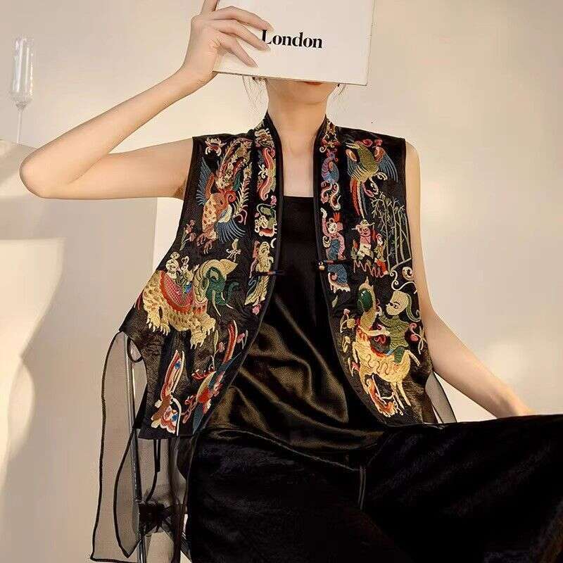 Mardi Hefxessdr Spring Summer Embroidered Heavy Work Mesh Women's Vest Chinese Style Top Outerwear Jacket Traditional National Design