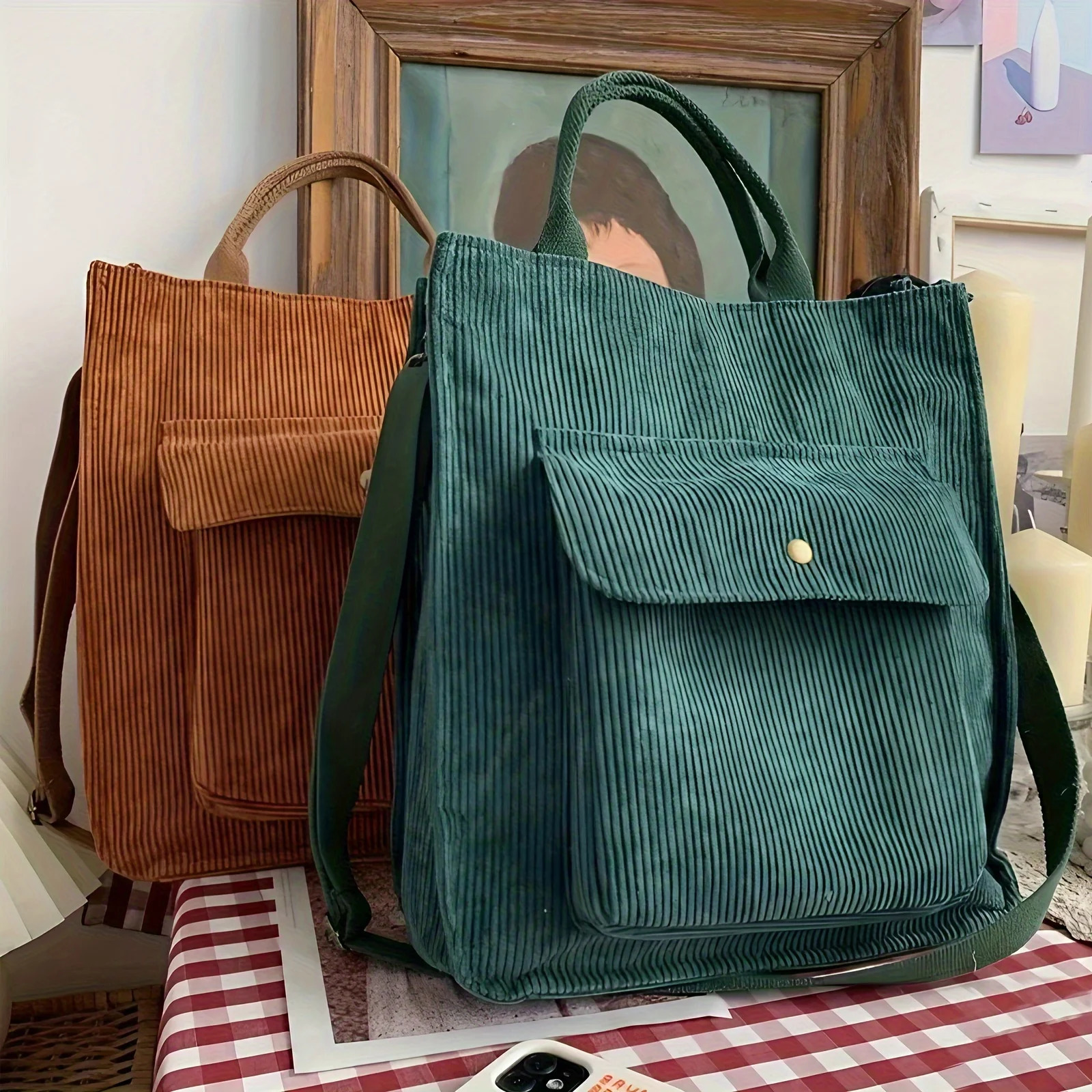 Womens Vintage Corduroy Tote Bag Stylish Multiple Pockets Ideal for Students Work Everyday Handbag Shoulder Crossbody Bag 260306