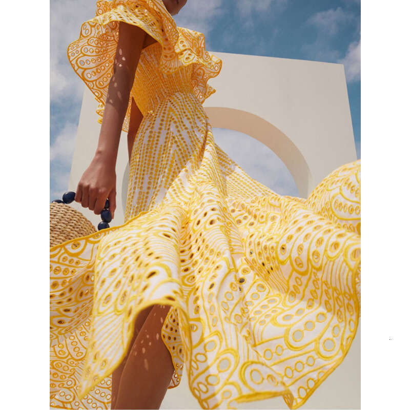 2026 summer niche fashion brand goddess off shoulder pleated embroidery hollowed out large swing fairy vacation long skirt