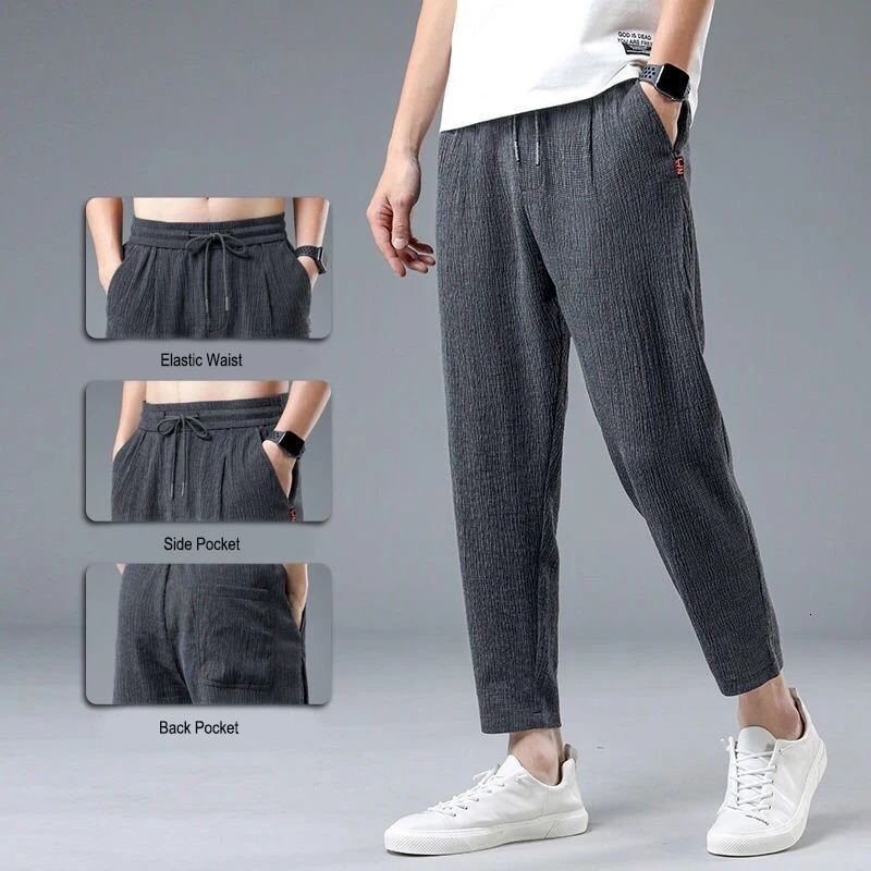 Summer Ice Silk Man Jogger Linen Pants Casual Wide Summer Sweatpants Male Spring Lightweight Halking Harem Trousers 260306