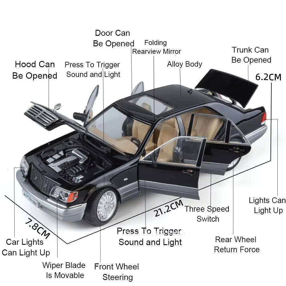 1:24 300SL W140 Alloy Model Toys Diecast Car with Sound Light Pull Back Doors Opened Miniature Models Classic Toy Gifts for Boys Z260306