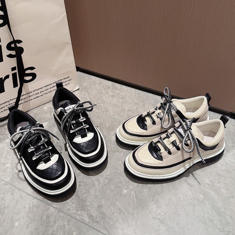 luxury design shoes 2026 Women's Black & White Quilted Platform Sneakers, Argyle Pattern Chunky Sole Casual Shoes 34-40
