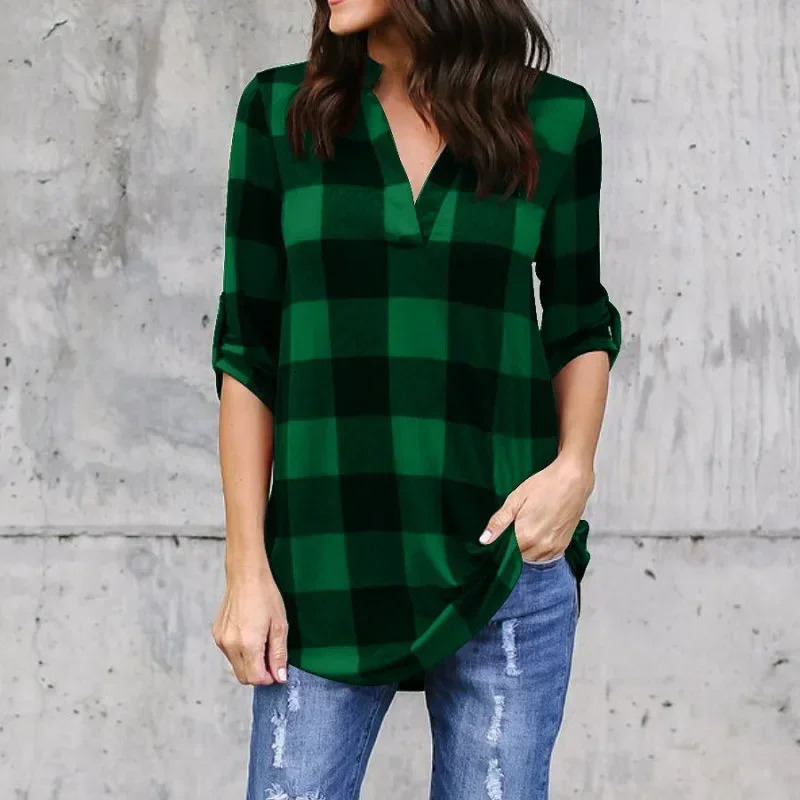 Fashion Plaid Vneck TShirt Woman Top Summer T Shirt Women Clothes Ladies Tops Casual Beach Sun Blusas 260228