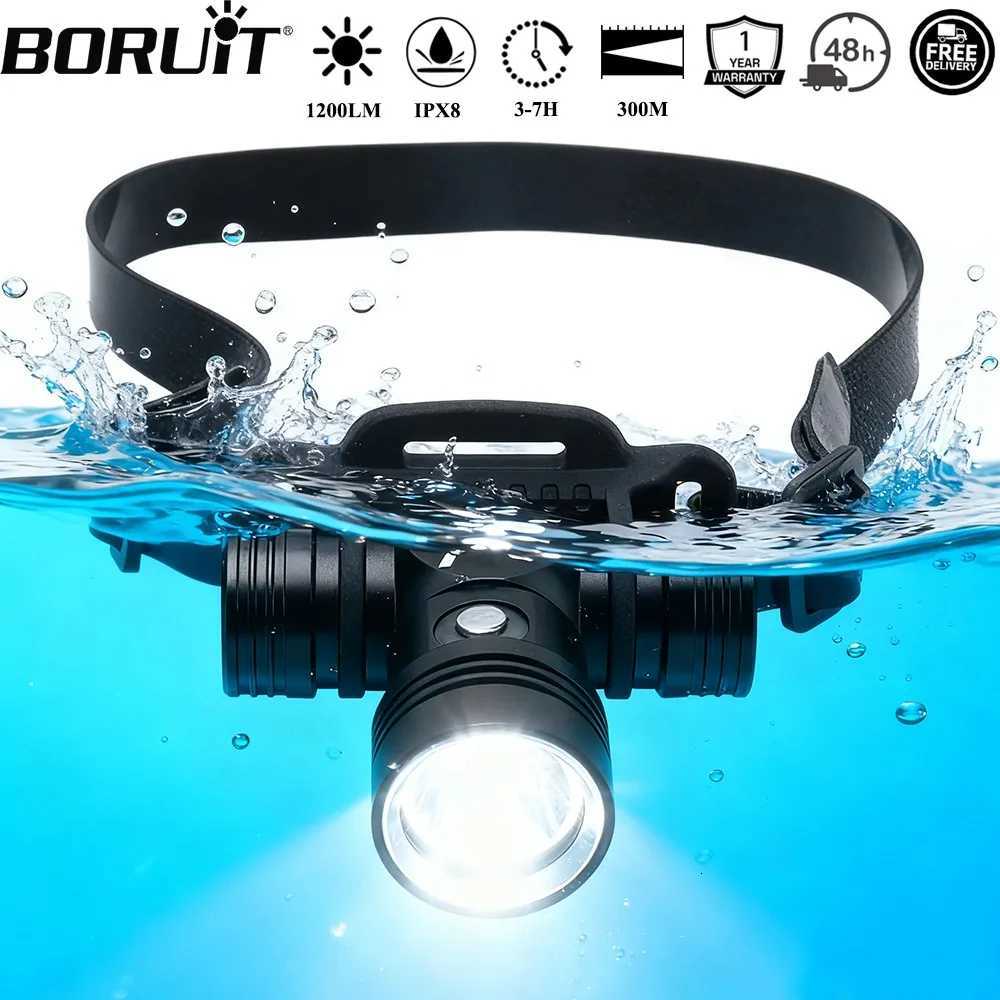 BORUiT B14 1200LM LED Scuba Diving Headlamp IPX8 Waterproof Underwater 60M Headlight 3-Mode Use 18650 Battery Diving Light H260307