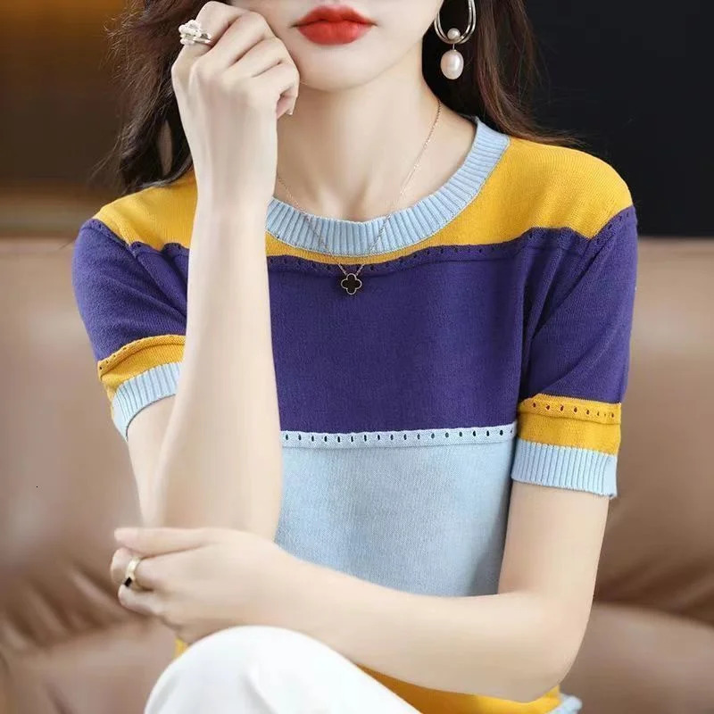 Summer Ice Silk Tshirt Shortsleeved Stripes Top Womens Round Neck Color Matching Hollow Loose Thin Knitted Sweater 260306