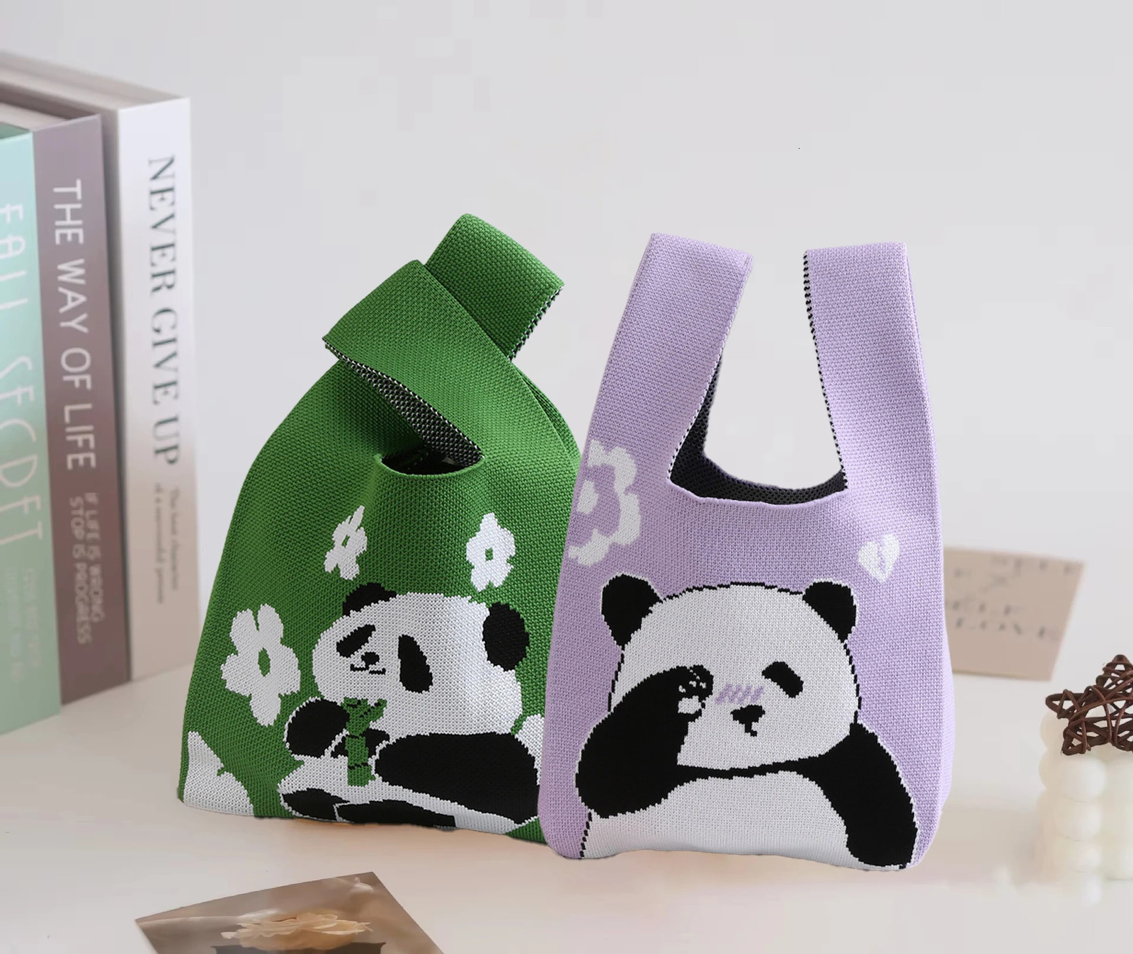 UNTIOR Cute Panda Knitted Bag Spring Stylish Mini Casual Wristlet Student Reusable Tote Suitable for Daily Outdoor Use 260307