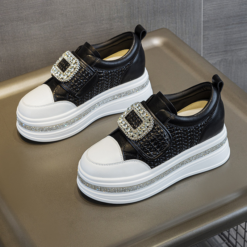 2026 Women's Rhinestone Buckle Platform Sneakers, Hidden Wedge Heel Casual Shoes Sizes 35-40
