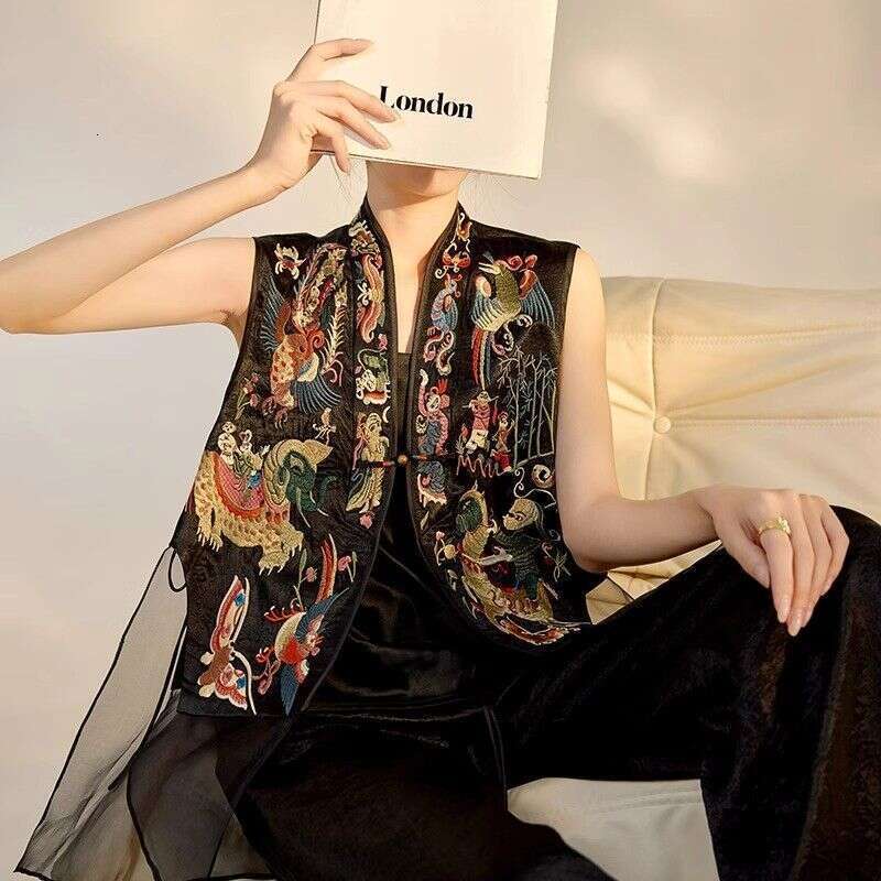 Mardi Hefxessdr Spring Summer Embroidered Heavy Work Mesh Women's Vest Chinese Style Top Outerwear Jacket Traditional National Design