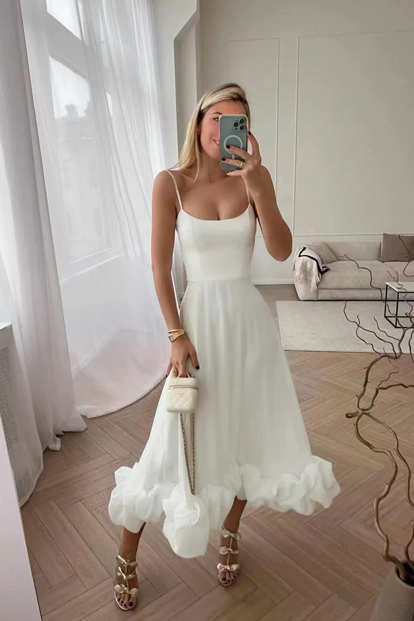 Elegant Ruffle Solid Sling Long Dress Women Strap Waist Party Dresses Fashion Sleeveless Backless Beach Swing skirt Aline tutu 260306