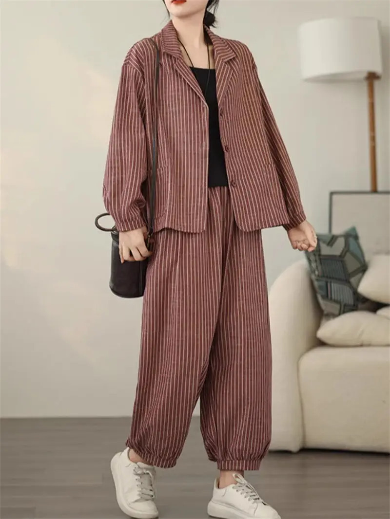 Retro Stripe Cotton And Linen Suit Womens Autumn Temperament Casual Wide Leg Harem Pants Loose Oversized 2 Piece Set K2478 260304