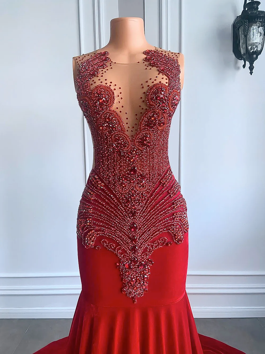 Gorgeous Long Prom Pageant Dresses 2026 Luxury Sparkly Beaded Diamond Sexy Mermaid Sheer Top Black Girl Velvet Evening Party Formal Gowns Robe De Sori