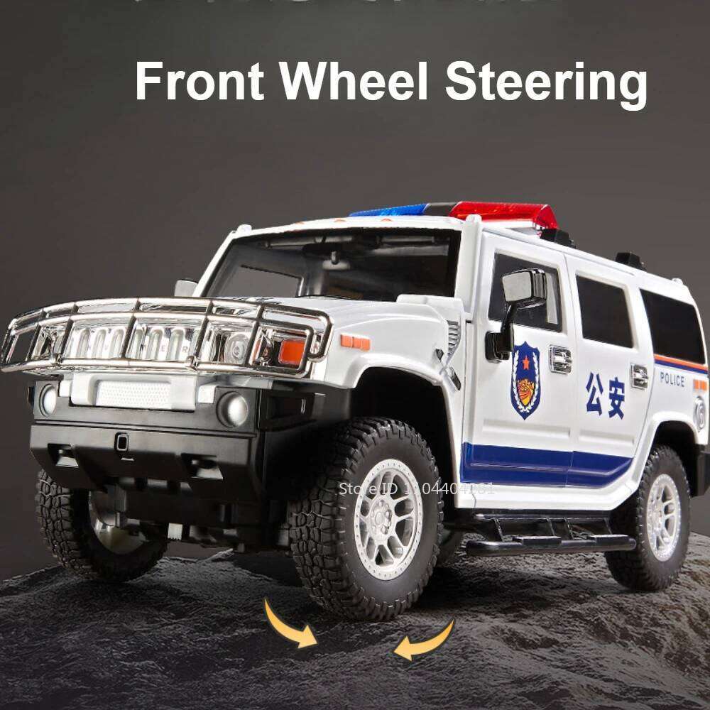 1:18 HANMA H2 Police Car Toys Diecast Alloy Models Doors Opened Front Wheel Steering Sound Light Pull Back Children's Day Gifts Z260306