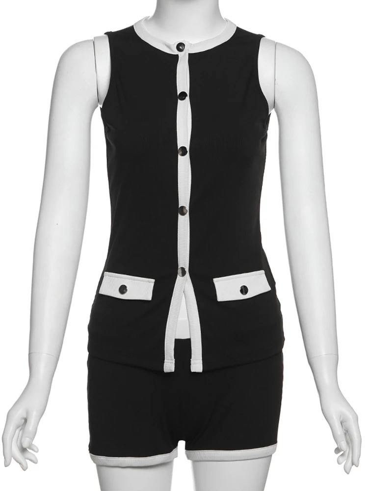 Weird Puss Ribbed Patchwork 2 Piece Set Women SingleBreasted Sleeveless TopsStretch Shorts Daily Casual Trend Classic Outfits 260306