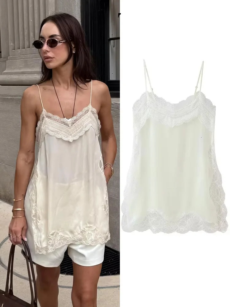 HH Female Summer Fashion V-neck Lace Spliced Split Sling Top Women Chic Sexy Backless Party Style Casual Camisole Top 260306