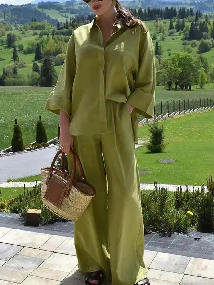 MUJER Women Pants Sets Oversize Casual Shirt Fashion Linen Set Woman Two Pieces Wide Leg Baggy Pants Suit Summer Outfit 260304
