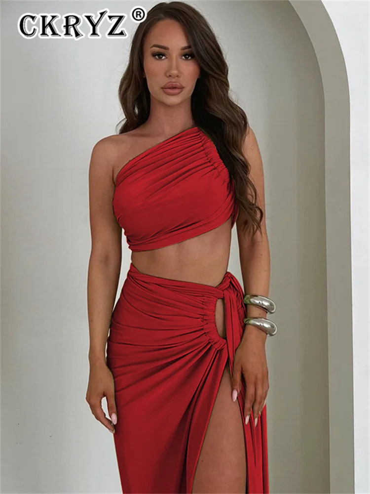 Ladies Summer 2 Pieces Set Women Sleeveless Backless Strap Spit Crop Top Side Slit Slim Long Skirt Evening Party Club Streetwear 260304