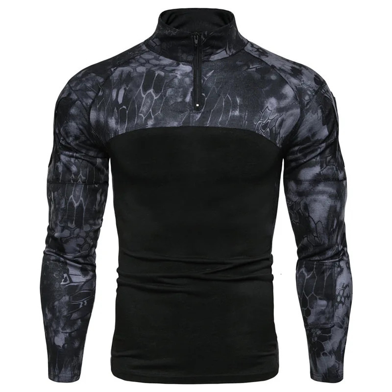 Men Outdoor Elastic Fitness Camo Patchwork Long Sleeve T Shirt Y2K Mens Zip Up Pocket Gym Tactical Shirts Ropa Hombre Camiseta 260302