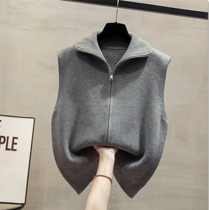 Spring Autumn Lapel Zipper Ladies Sweater Vest Jacket Korean Version Casual Womens Knitting Cardigan Waistcoat Top 260306