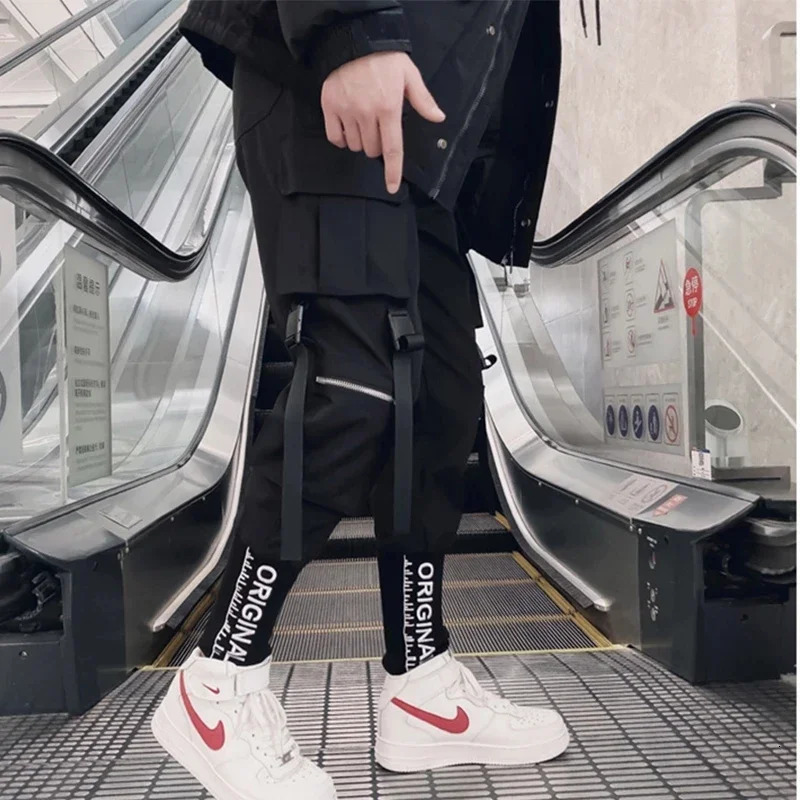 Joggers Cargo Pants for Men Casual Hip Hop Hit Color Pocket Male Trousers Sweatpants Streetwear Ribbons Techwear Pants 260305