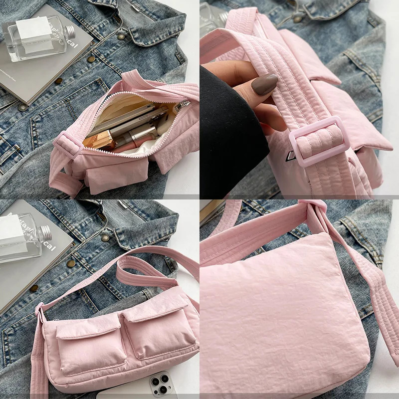 Women Casual Shoulder Bag Solid Color Simple Messenger Hobos Large Capacity Nylon Crossbody Zipper Closure for Party Vacation 260306