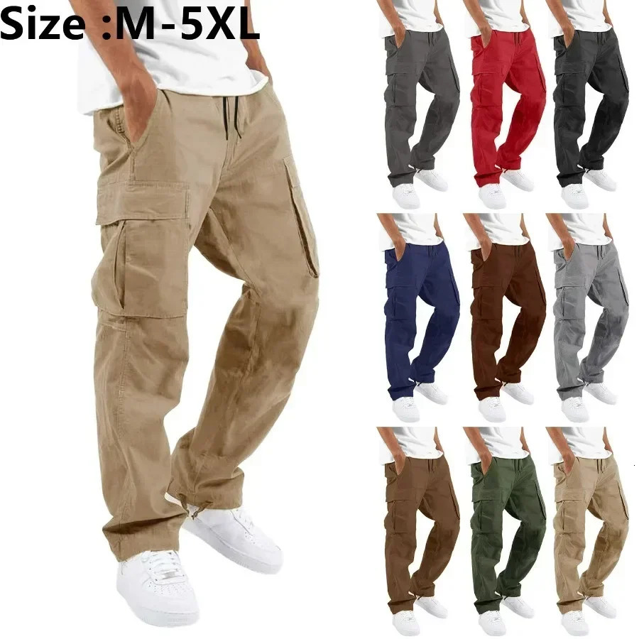 Pocket Solid Cargo Pants Trousers for Men Full Length Casual Loose Drawstring Pockets Pants Male Cargo Pants 5XL 260305