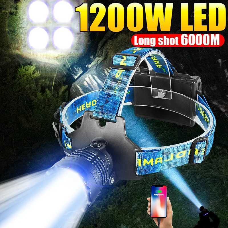 1200W Super Bright LED Headlight IPX6 Waterproof Headlamp Outdoor Work Head Lantern 18650 Head Lamp For Camping Hiking Light H260307