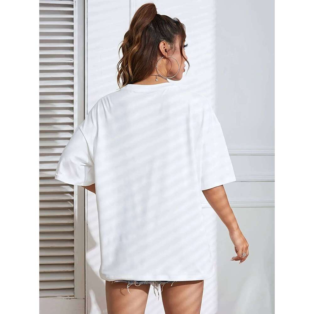 Women'S Letter Print Casual T-Shirt, Polyester Knit Fabric, Regular Length, Crew Neck, Fashion Top for All Seasons XJ260306