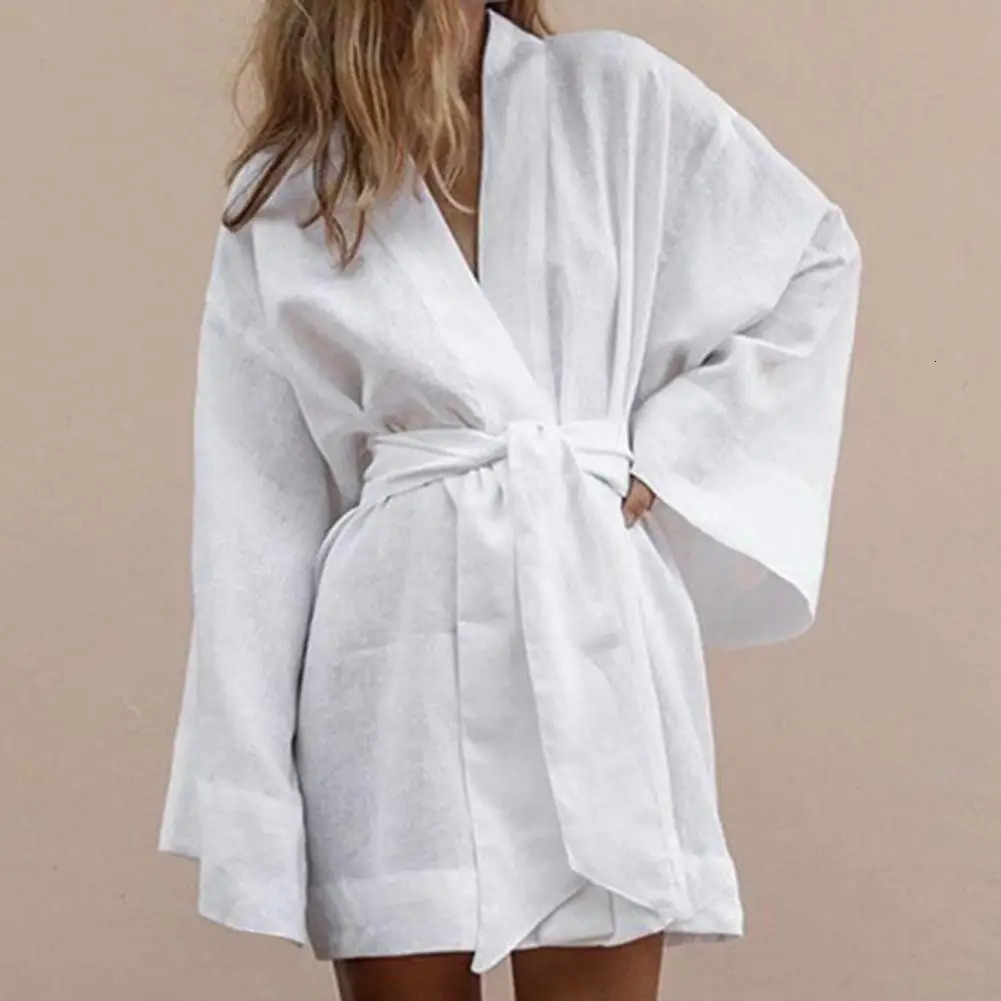 Long Sleeve V Neck Mini Dress Lace Up V Neck Belt Robe Style Short Shirt Dress Comfy Soft Chic Loose Hem Cardigan Dress 260306