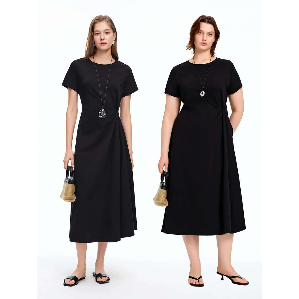 Women's Minimalist Black Knot Waist-Cinching Summer 2026 New Arrival Elegant Styled Long Dress Simple Cotton Dresses