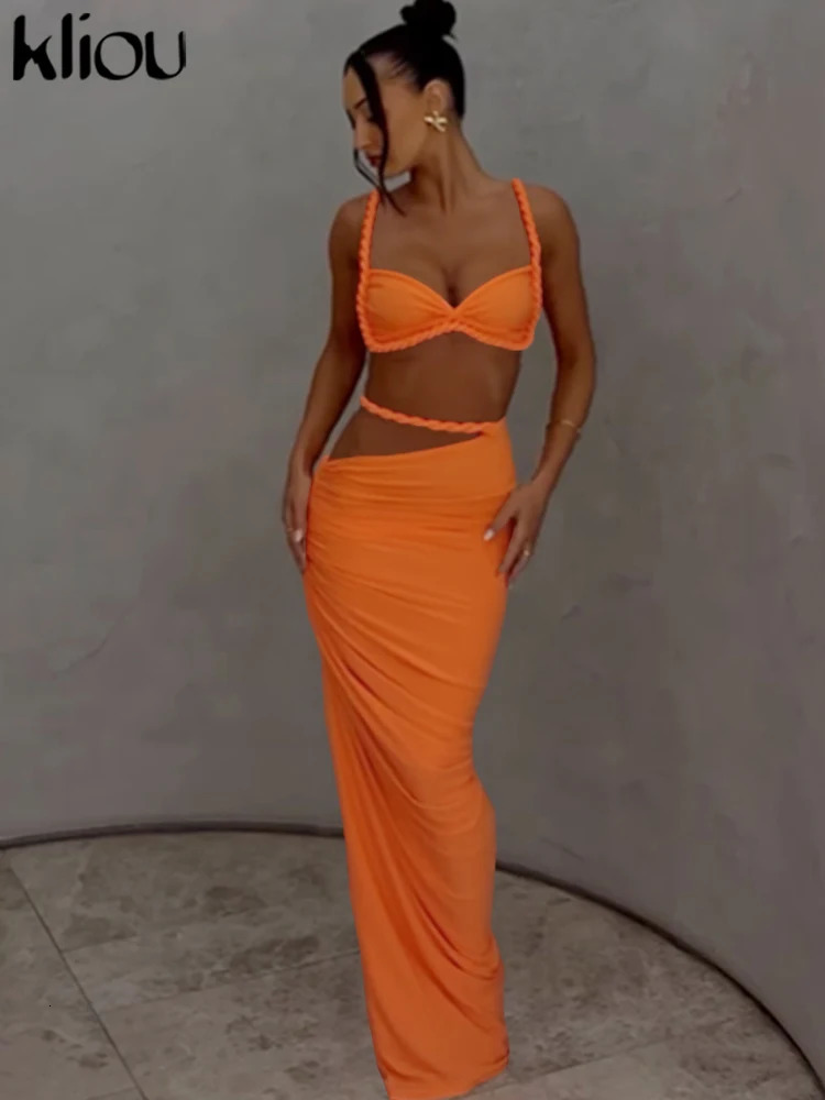 kliou Woven Sexy Women 2 Piece Set Stunning Solid Pleated Crop CamisolesHigh Waist Maxi Skirts Female Trend Vacation Outfit 260304