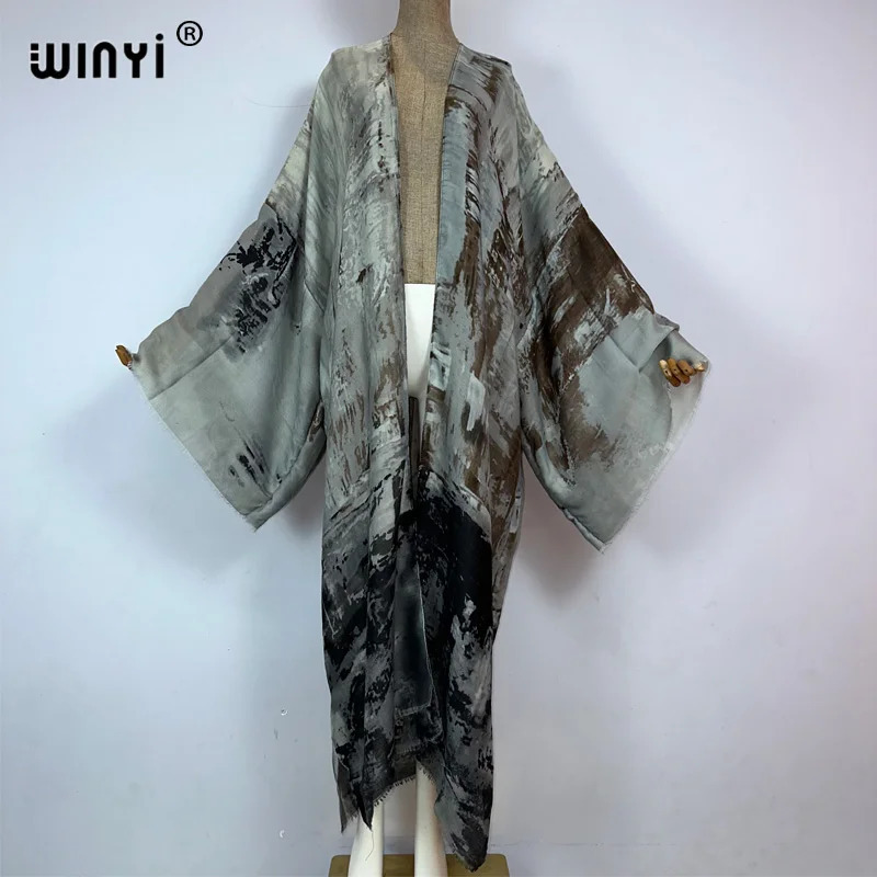 WINYI kimono Oil print Bikini Coverup Elegant beach outfits for women sexy cotton feeling vestidos para mujer dress kaftan 260228