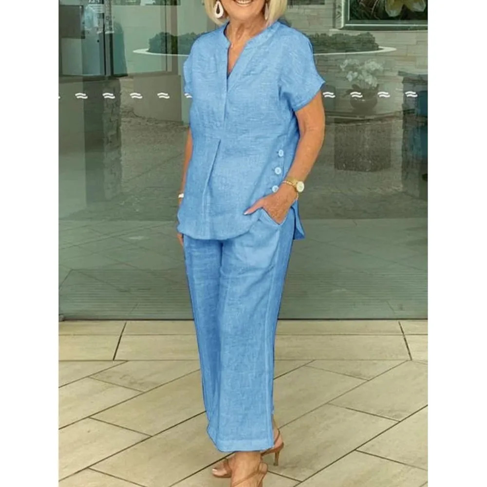 Fashion Cotton Linen Short Sleeved Women Shirt Pants Suit Spring Summer Simple Casual Pocket Pants Female Office 2 Piece Set 260304