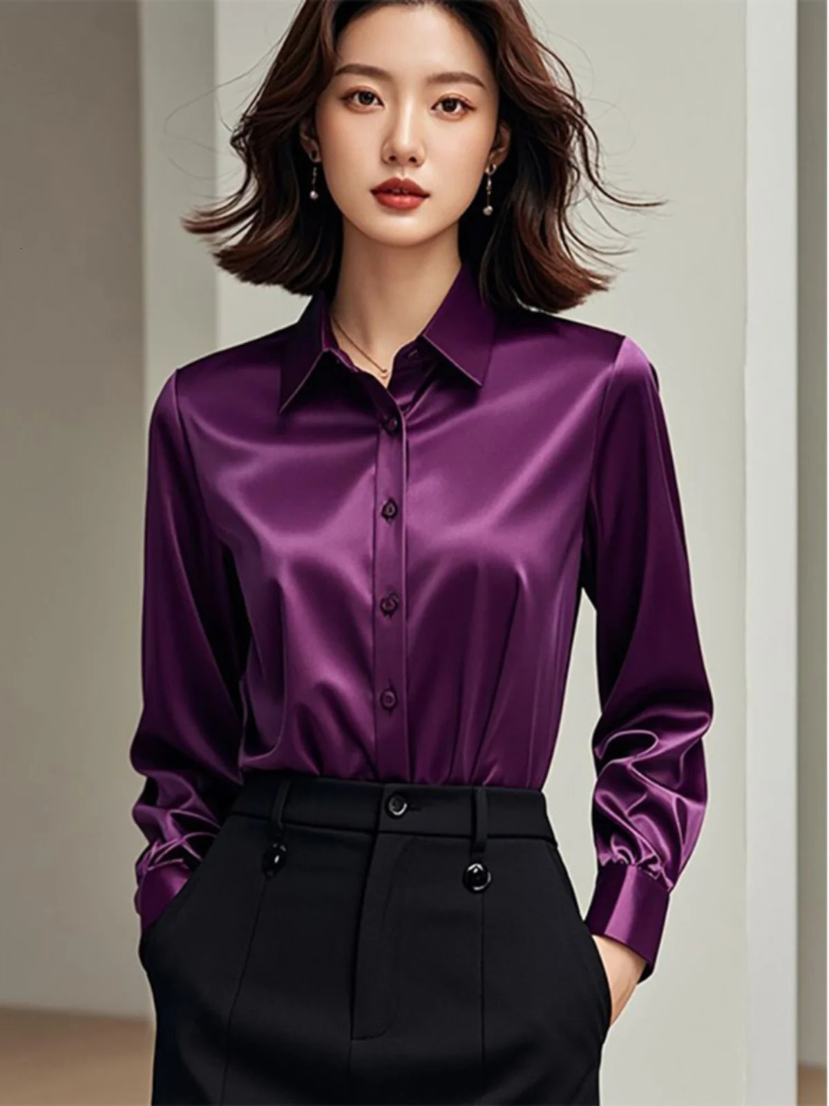 Ele Purple Silk Satin Long Sve Womens irt Profional Faionable Commuting Sle Autumn Arrival Loose Fit Pol 260228