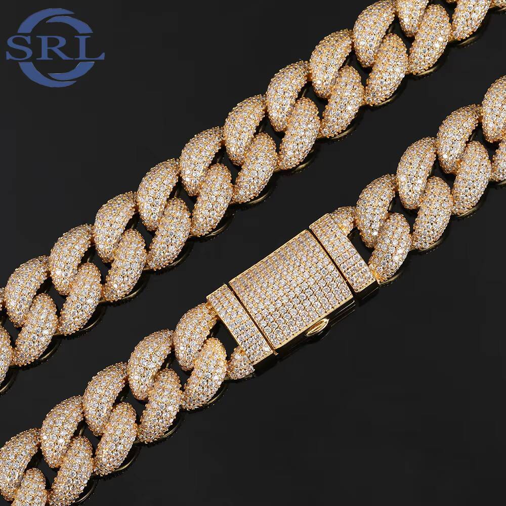 CHA019 18mm VVS Moissanite Tennis Cuban Chain Iced Out Hip Hop Jewelry Necklace for Men Gold Plated Brass Link Design