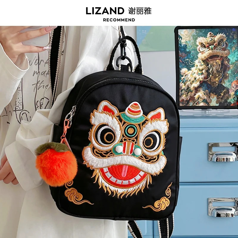 Red Embroidered Lion Dance Large Capaci Double oulder Bag Womens Travel Bapa Autumn Winter Sle Retro Chinese T 260307