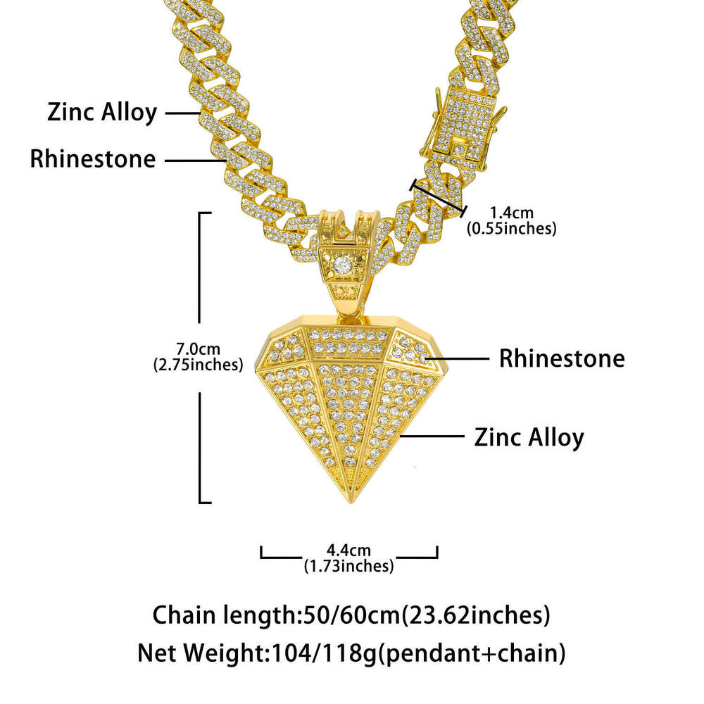 New cross-border European and American hip-hop style large diamond pendant, zinc alloy full-diamond rhombus-shaped Cuban chain, high quality at factor