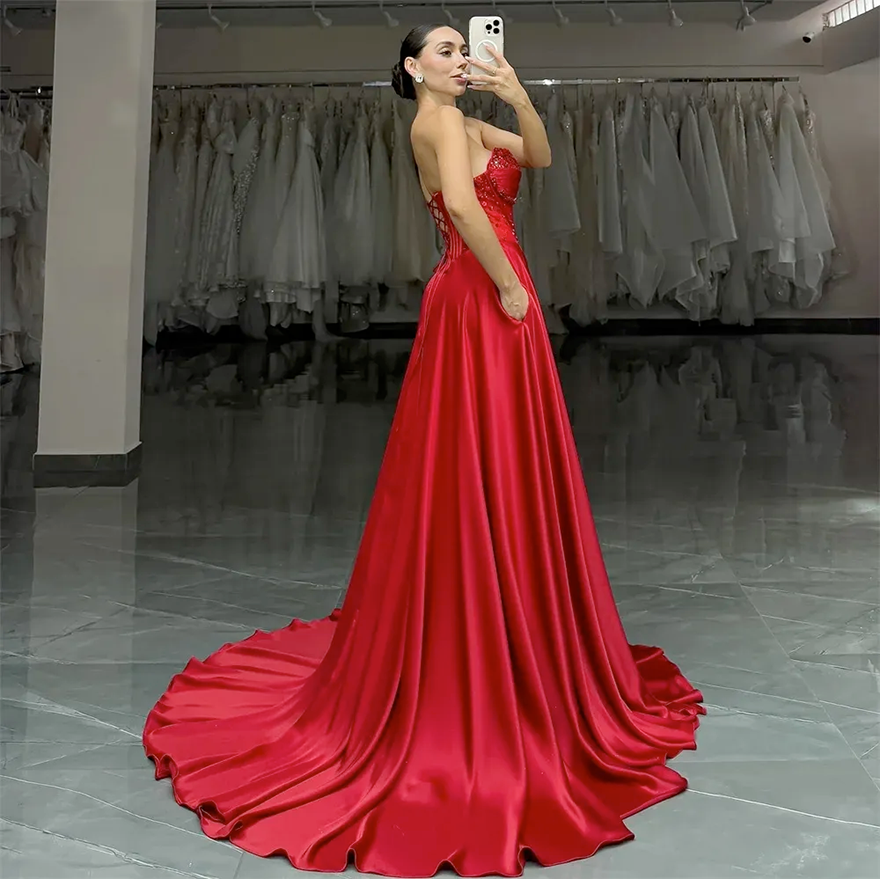 2026 New Red Formal Prom Dress V-Neck Side Split Sleeveless Sequins Beads Satin Women A-line Evening Birthday Gowns Party Dresses Robes De Soiree BC68
