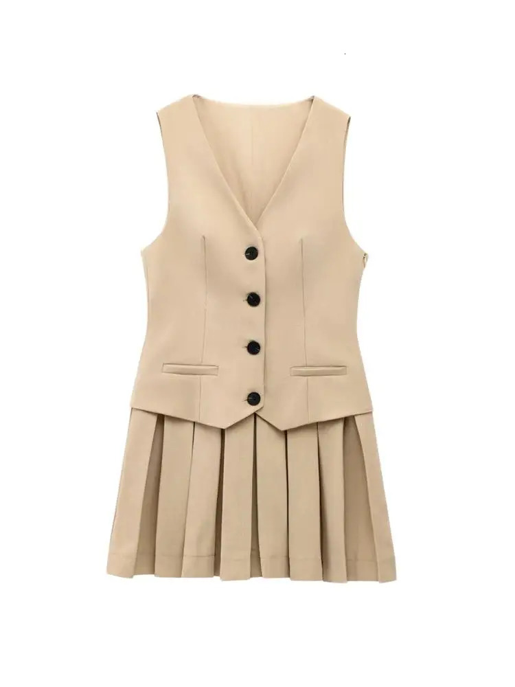 Womens V-Neck Sleeveless Pleated Mini Dress Fashion Front Button Female Vestidos Mujer 260306