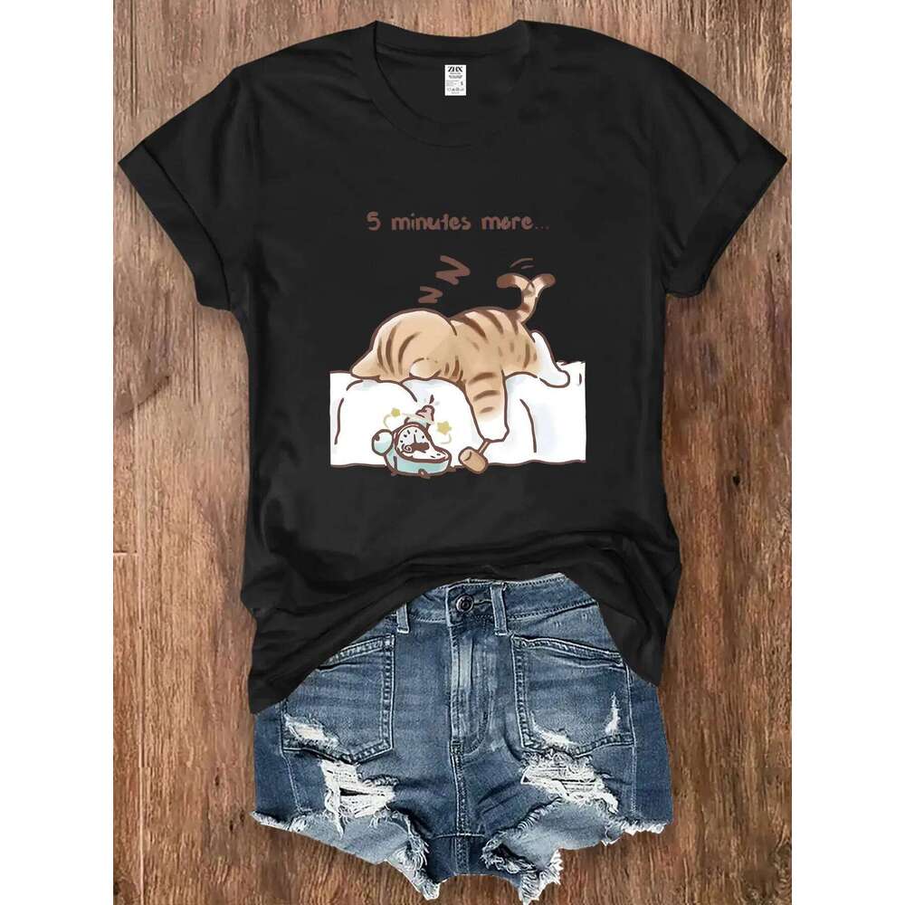 Summer Sleeping Cat Print T-Shirt Round Neck Soft and Loose-Fitting Top Essential Women's Style XJ260306 XJ260306