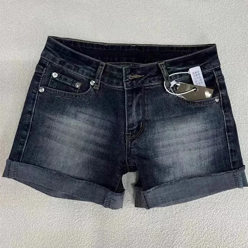 Retro Roll Up Hem Deep Blue Denim Shorts Women Summer Sexy Low Rise Hip Covering Pants American Distressed Washed Jean Short 260306