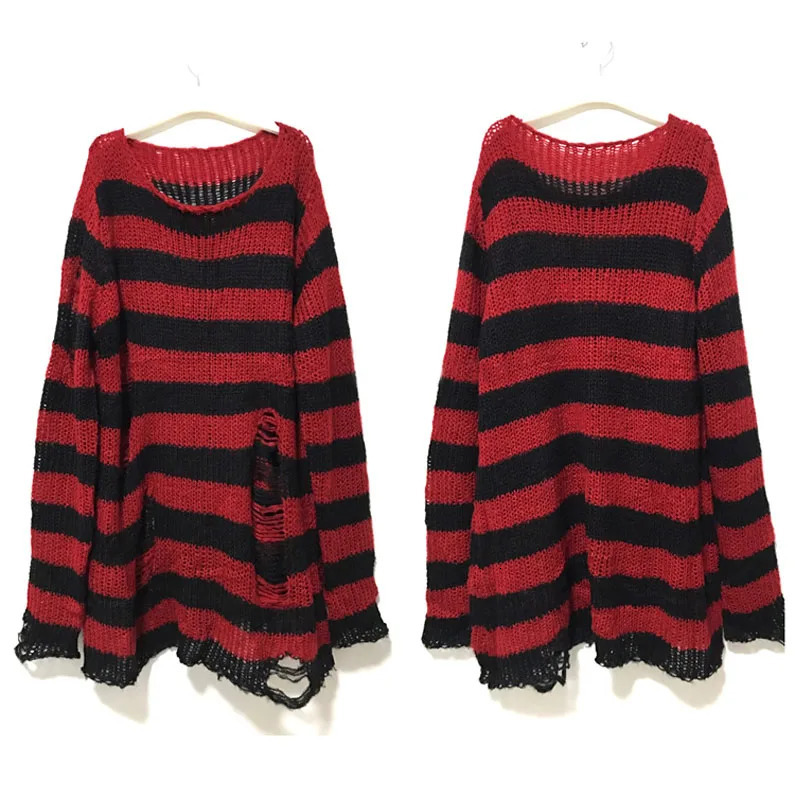 Punk Gothic Long Unisex Sweater Summer Women Striped Cool Hollow Out Hole Broken Jumper Loose Rock Thin Dark Streetwear Top 260306