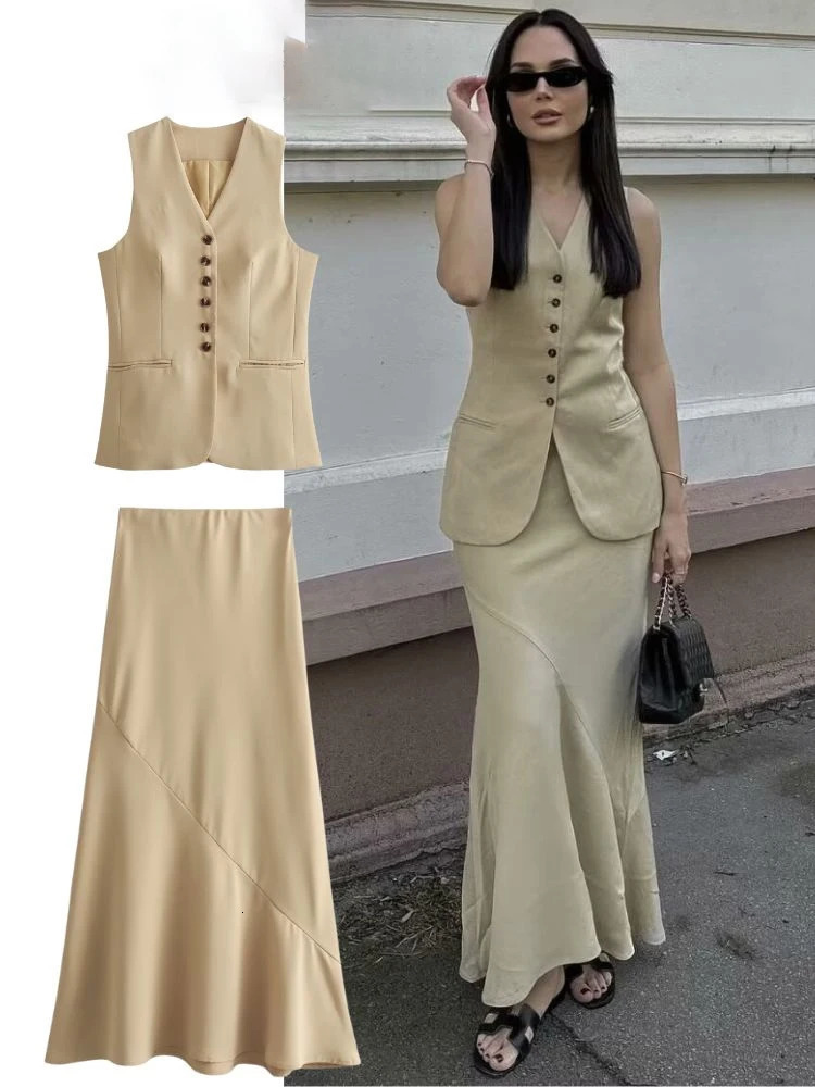 HH Womens Elegant Vest Long Skirt Set Sleeveless Vneck Tank Top High Waist Skirts Female Suit Summer Office Lady 260306