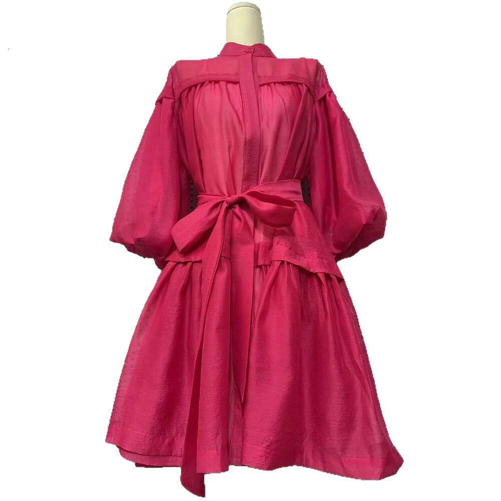 2026 a3 women's solid color transparent hard yarn stand collar tied waist dress autumn fashion loose pleated fluffy skirt