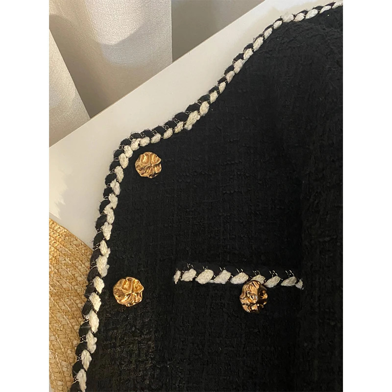 MEXZT Vintage Tweed Jacket Women Elegant Cropped Quilted Coat Commute Black Blazer Winter Ladies Korean Short Outerwear Tops 260306