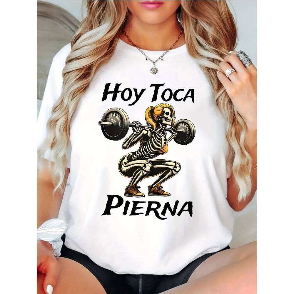 Women's Hoy Toca Pierna Weightlifting Graphic Casual Crew Neck Optimistic Skull Design Comfortable T-Shirt XJ260306
