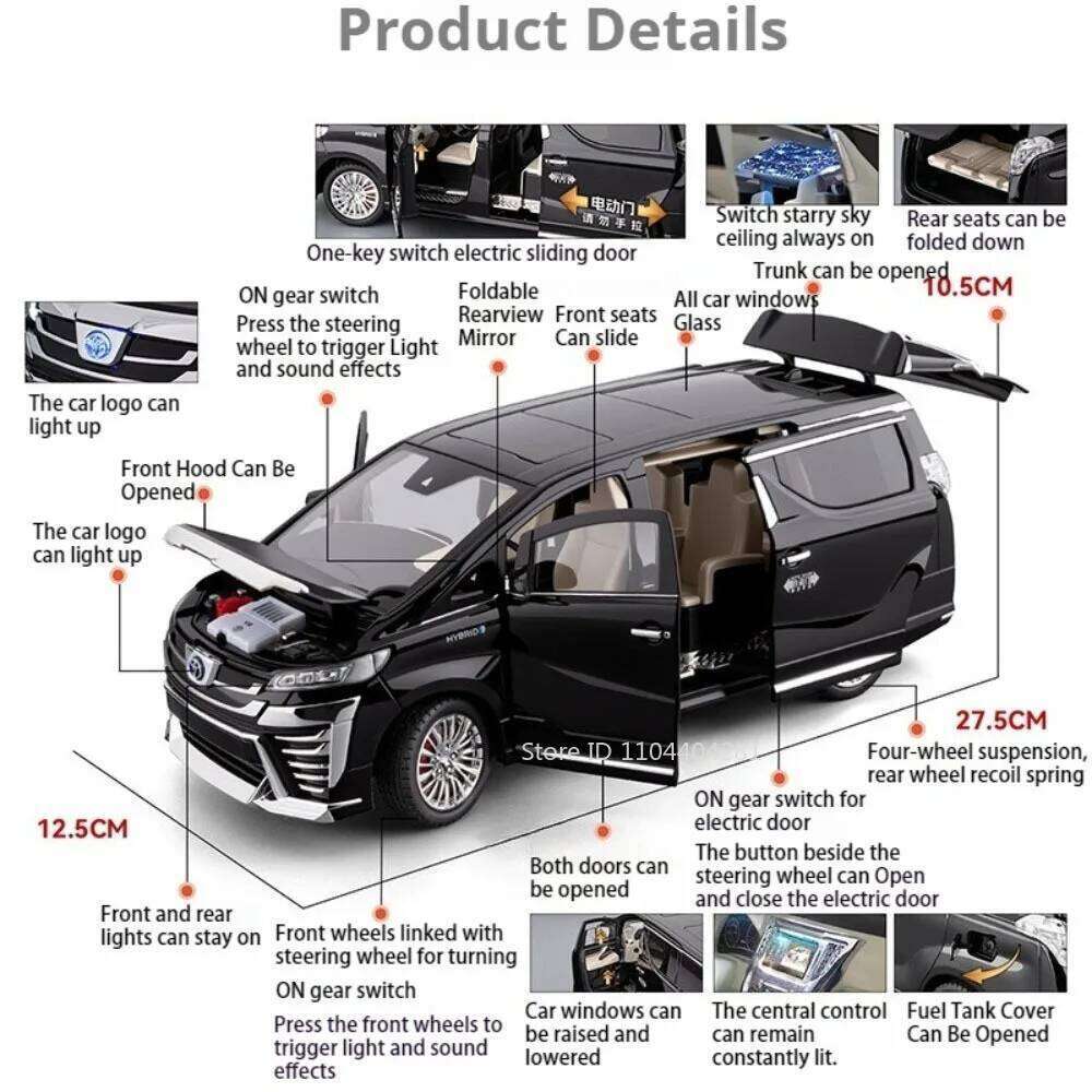 1:18 Vellfire LM300 Alloy MPV Model Diecast Car Toys Sound Light Pull Back Doors Opened Miniature Vehices Christmas Gift for Boy Z260306