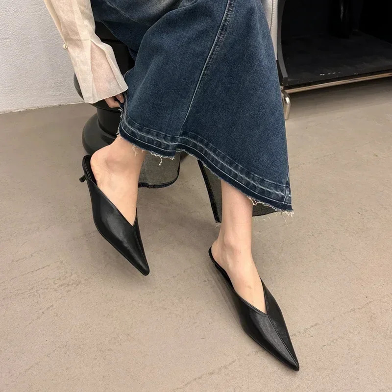 Comemore Fashion Pointed Toe Mules Slippers Women Low Heel Slingback Sandals Ladies Elegant Dress Slides Comfort Pumps Women 260303